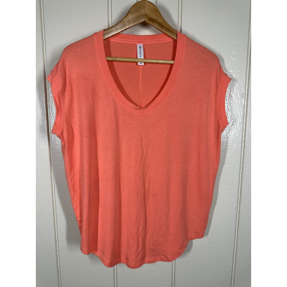 Athleta Shirt Womens SP Orange V-Neck Short Sleeve Relaxed Fit Active Top
